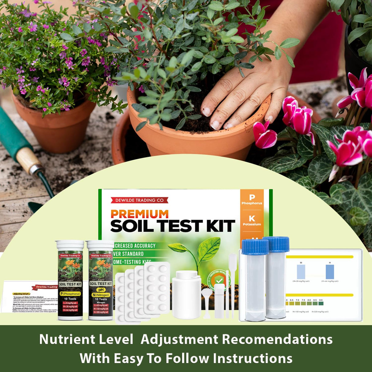 Premium Soil Test Kit: 40 Complete Tests for Lawns, Gardens, and Vegetables. Tests for Ammonia Nitrogen, pH, Phosphorus, and Potassium.
