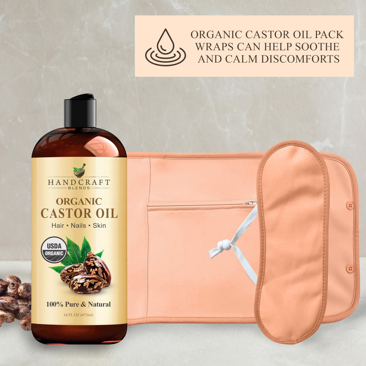 Handcraft Blends Castor Oil Pack Wrap - Organic Castor Oil 16 oz with Reusable Wraps - Durable Comfortable Pack Wraps for Neck and Stomach with Adjustable Elastic Straps