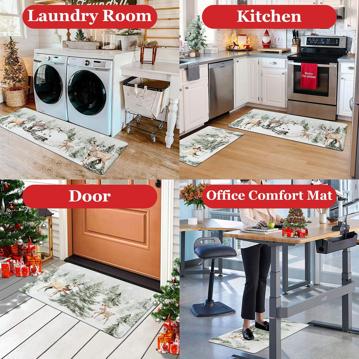 U'Artlines 2Pcs Christmas Anti Fatigue Kitchen Rugs and Mats, Christmas Tree Snowman Deer Non Slip Foam Cushioned Farmhouse Kitchen Floor Mats Comfort Standing Mats for Winter Home Decor Grey