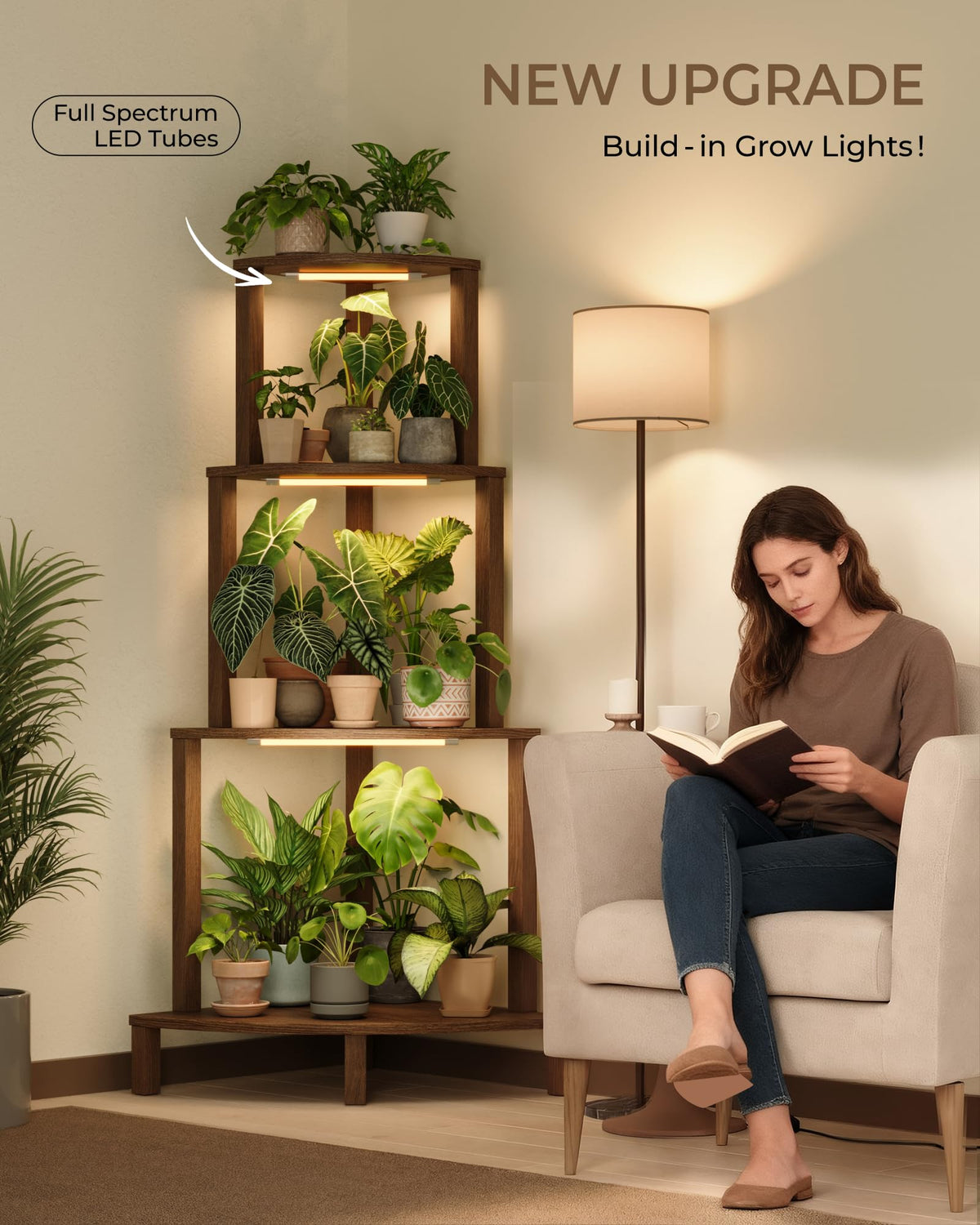 Bamworld Corner Plant Stand with Grow Lights 4-Tier Plant Stand Indoor Wood Plant Stand with Grow Light Tall Shelves Garden Decor for Living Room Balcony