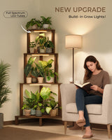 Bamworld Corner Plant Stand with Grow Lights 4-Tier Plant Stand Indoor Wood Plant Stand with Grow Light Tall Shelves Garden Decor for Living Room Balcony