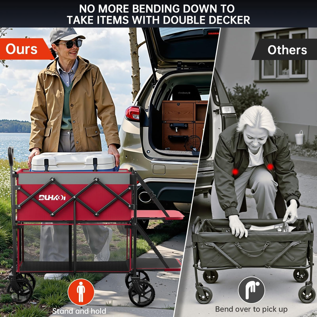DUHKOI Double Decker Collapsible Wagon with Brakes,Compact with Tailgate