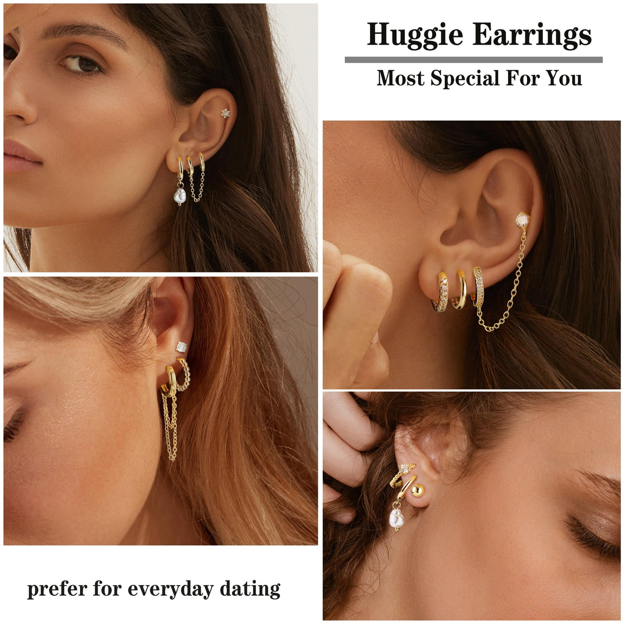 HAIAISO 10 Pairs Small Gold Huggie Hoop Earrings for Women Lightweight Double Piercing Chain Earrings 14K Gold Plated Dainty Ball Stud Earrings Hypoallergenic Gold Earring Set