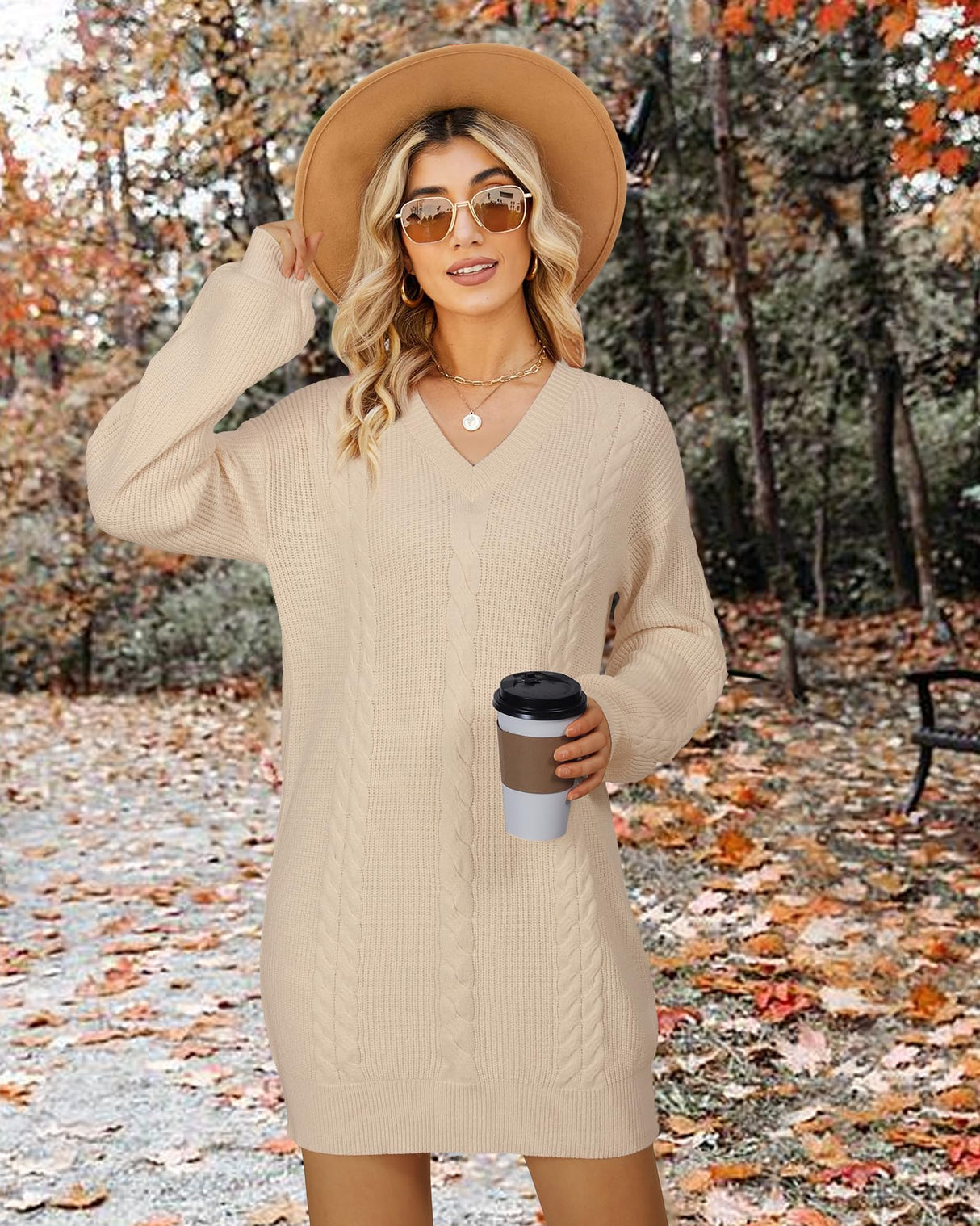 VAFOLY Fall Outfits Women 2025 Long Sleeve Oversized Cable Knit Chunky Baggy Loose Pullover Tunic Mini Sweater Dress V Neck Trendy Winter Skirt Christmas Pullover Sweaters for Women Apricot XL