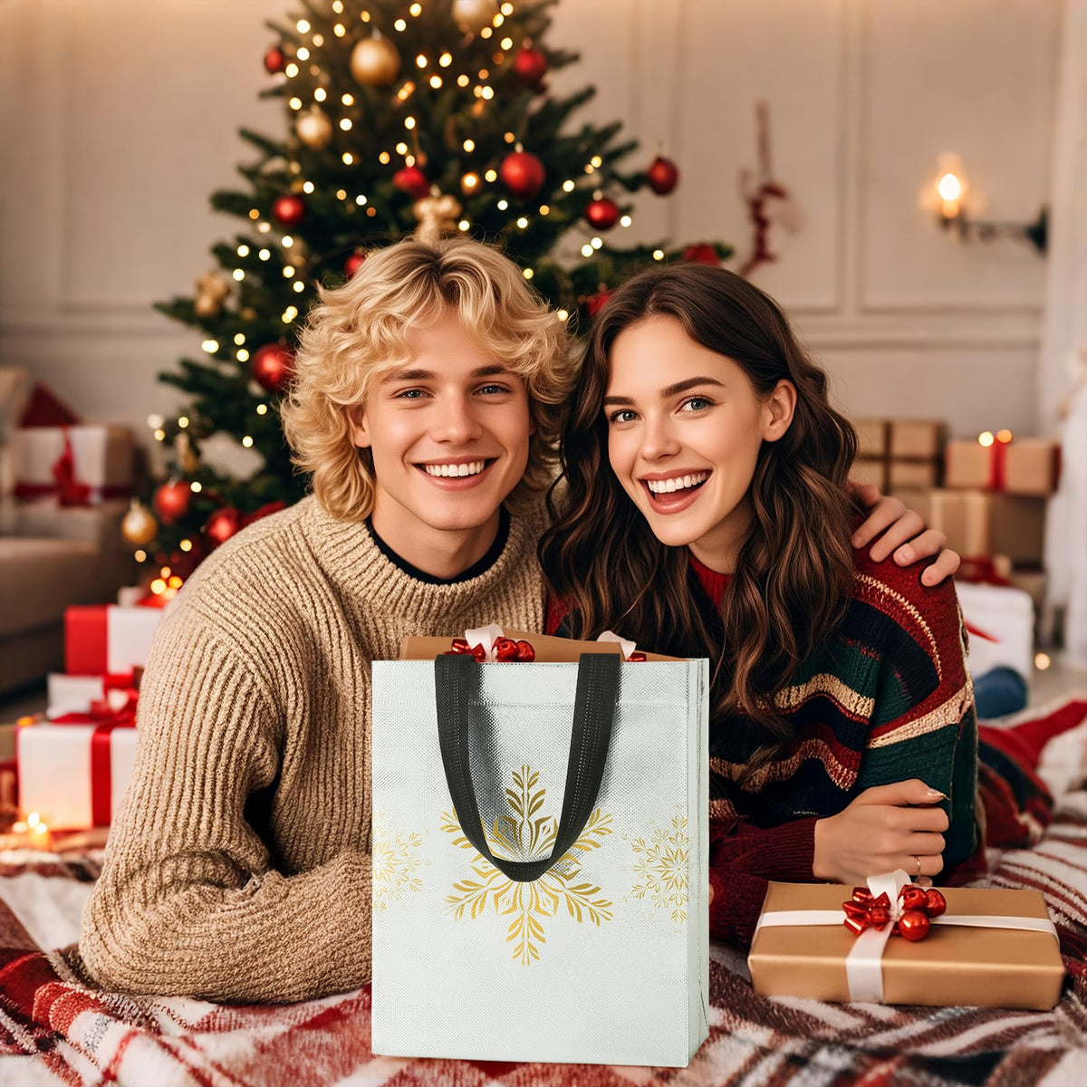 STYPOP 16 Pack 10" Christmas Gift Bags Medium Size with Tissue Paper, Reusable Non-Woven Christmas Tote Bags with Handles, Perfect for Holiday Gift Wrap/Party Favor Supplies, 10.2" × 8.3" × 4"