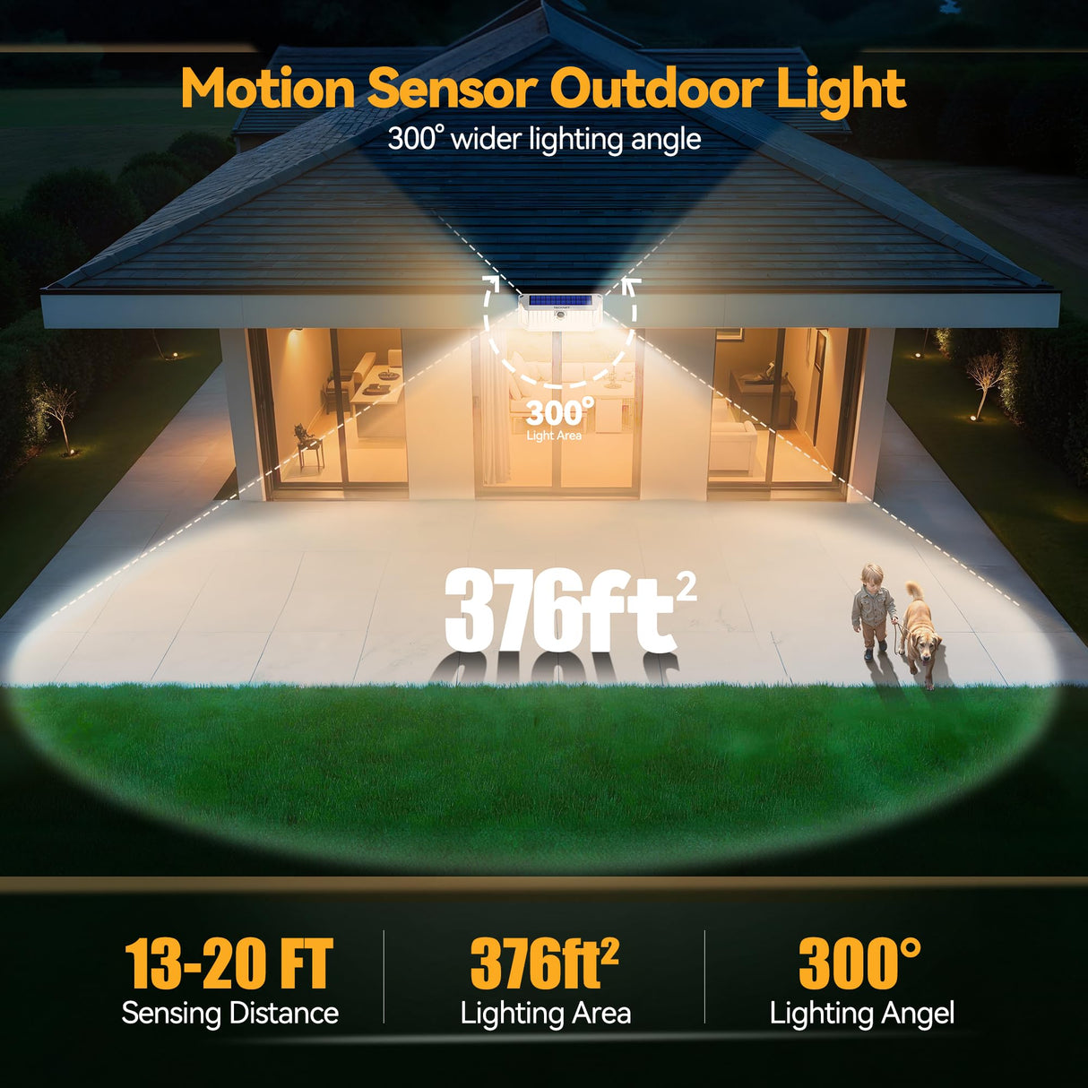 TECKNET Super Bright Solar Lights Outdoor 3 Pack, 2×231 LED and 1×416 LED, 300° Angle & 3 Lighting Modes Motion Sensor Outdoor Lights, Waterproof for for Fence Front Door Yard Deck Garden Garage