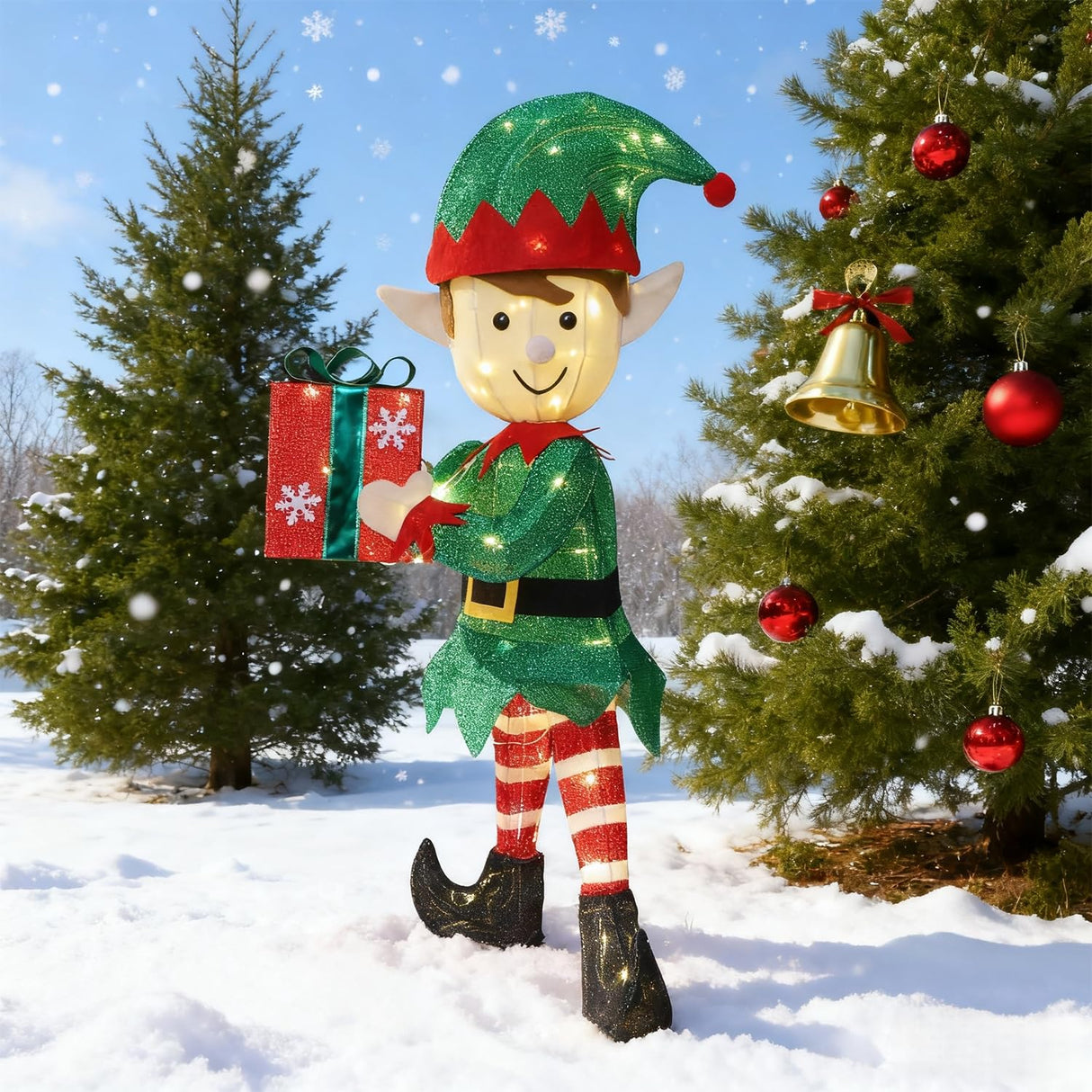 Hausse Lighted Christmas Outdoor Decor, 38" Height Pre-Lit 3D Tinsel Xmas Green Elf Figure, Light Up Xmas Yard Displays, Plug in for Holiday Party New Year Winter Patio Lawn Garden