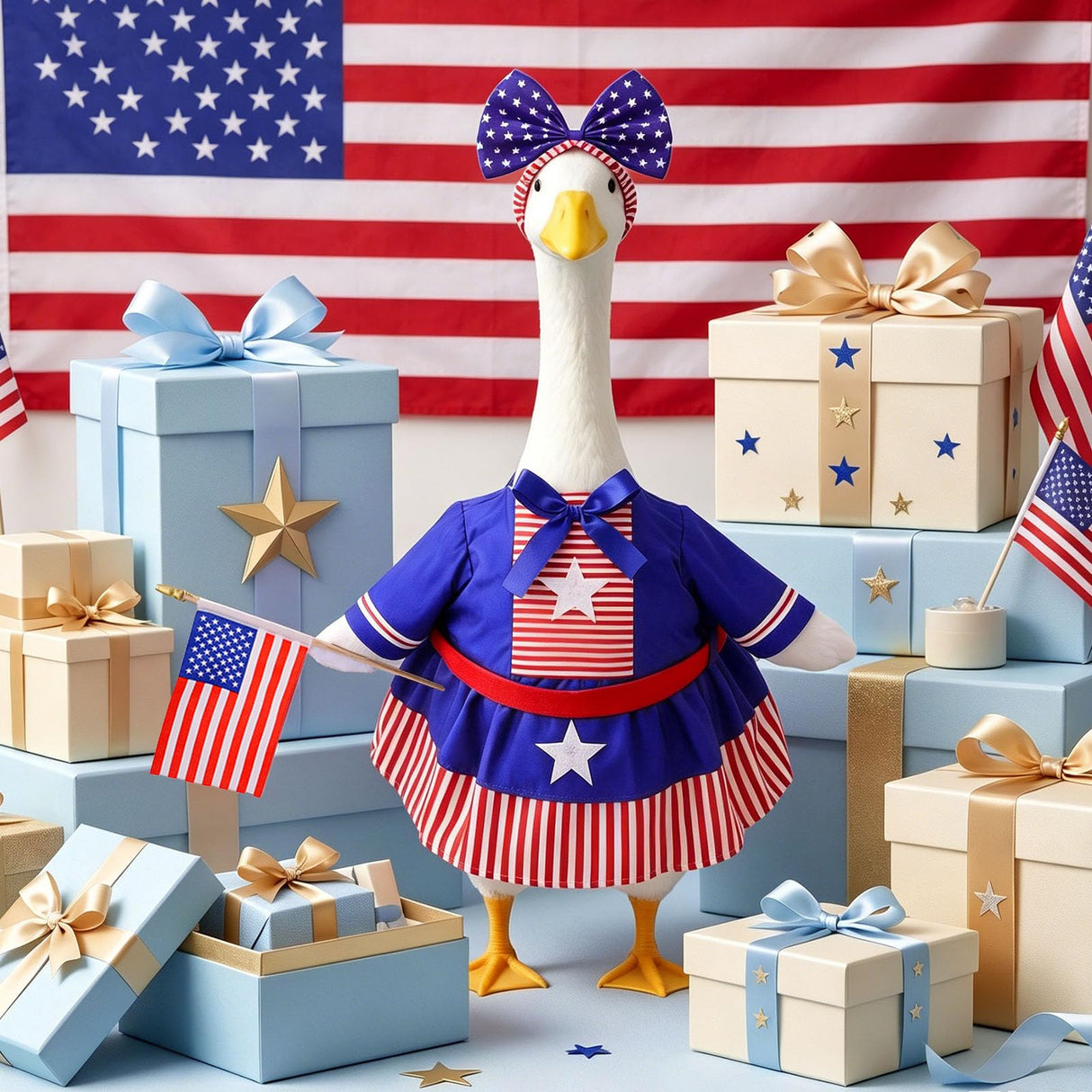 Patriotic 4th of July Porch Goose Outfit for 23 Inch Lawn Statue, 250th Anniversary Independence Day American Lawn Goose Clothes Costume, Red White Blue Patriotic Decorations for Garden Outdoor