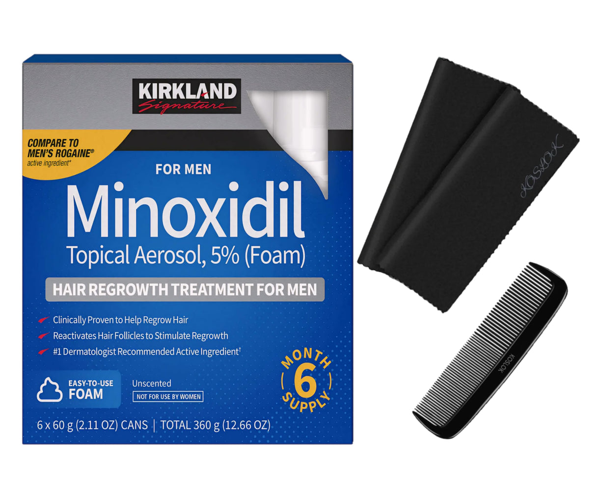 Kirkland Signature Hair Regrowth Treatment Minoxidil Foam for Men, 2.11 oz, 6 Count (6 Month Supply) - Exclusive 2 MicroFiber Cleaning Cloths and Comb Included, Clear