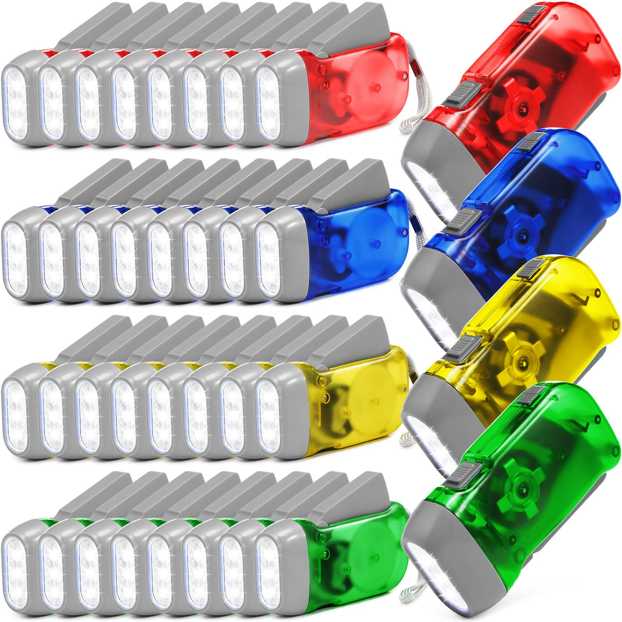 Treela 36 Pcs Hand Crank Flashlights Operation Christmas Bulk Items Squeeze Flashlight No Battery Required Torchlight 3 Powered Charging for Emergency(Yellow, Green, Blue, Red)
