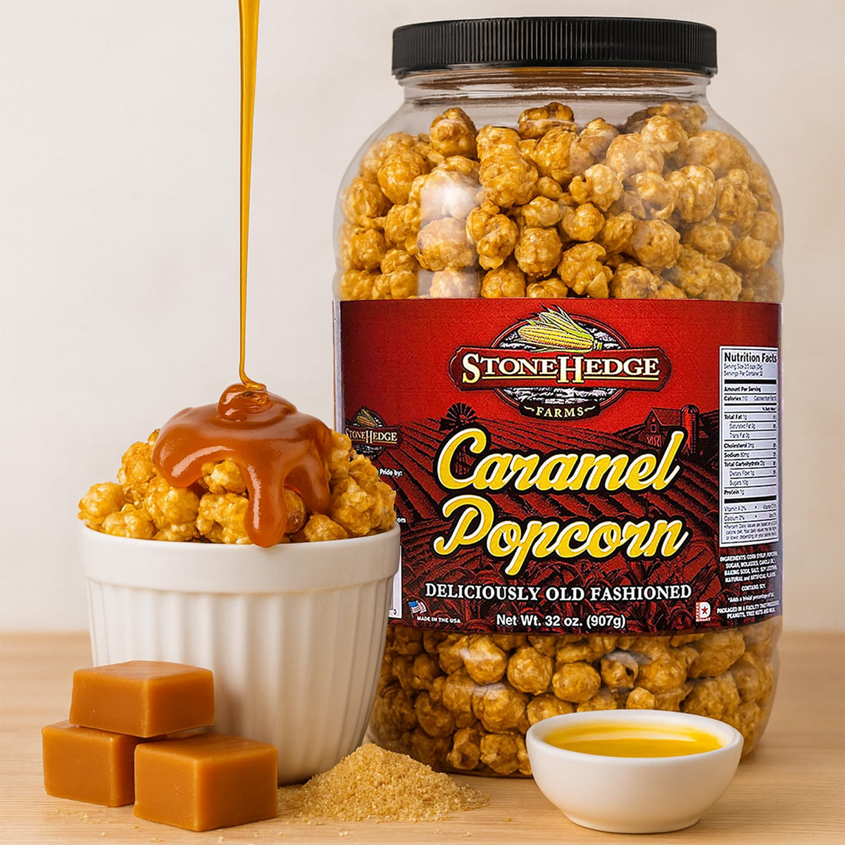 Stonehedge Farms Caramel Flavored Popcorn | 32 oz Tub (Pack of 2) | Perfect for Holidays and Christmas | Reclosable Barrels | Bulk Gourmet Popped Carmel Pop Corn