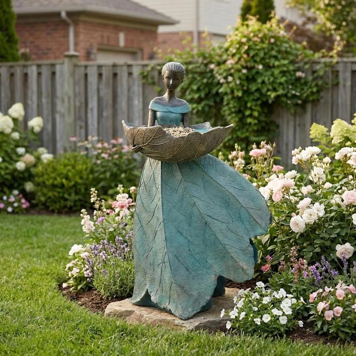 DiliComing Fairy Garden Statues Bird Feeder - 12 Inch Resin Outdoor Fairy Statue for Garden Decor, Decorative Patio Yard Lawn Flower Bed Figurine, Garden Gifts for Women (Green)