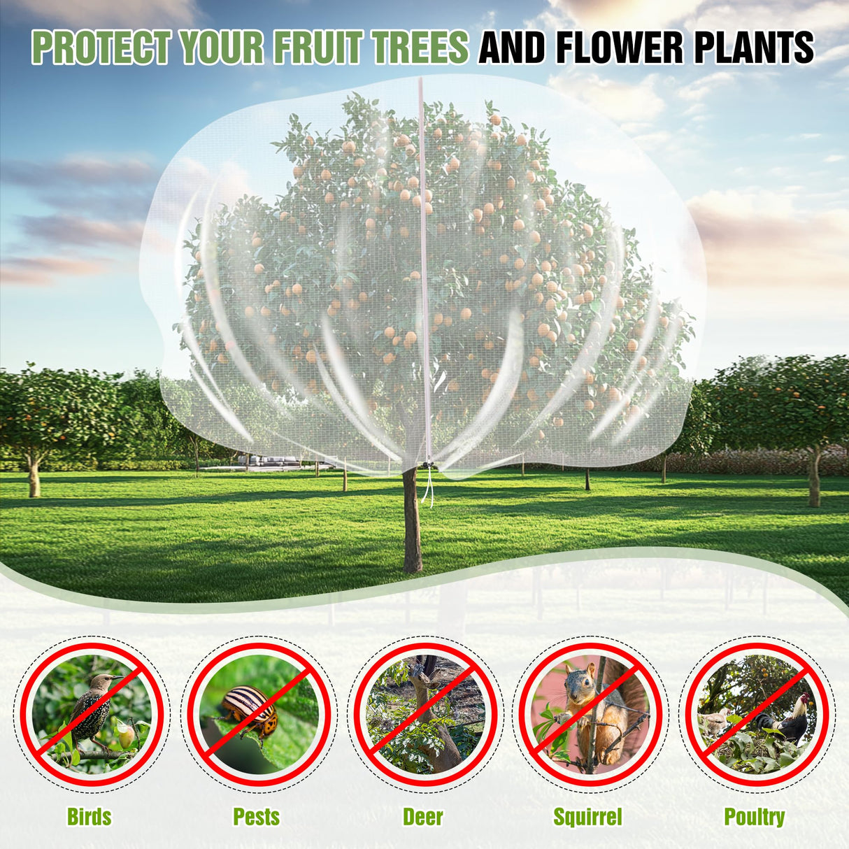 10 X 10FT Large Fruit Tree Netting, Tree Nets for Fruit Trees with Zipper and Drawstring, Insect Netting Barrier for Garden Blueberry Bushes Cherry Peach Apple Protection from Squirrels Birds Pests