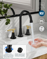 FORIOUS 8 Inch Widespread Bathroom Faucet Black and Gold, 2 Handle Mix Color Rv Matte Black and Brushed Gold Bathroom Sink Faucet 3 Hole, with 360° Rotating Spout, Pop-up Drain, and Supply Line