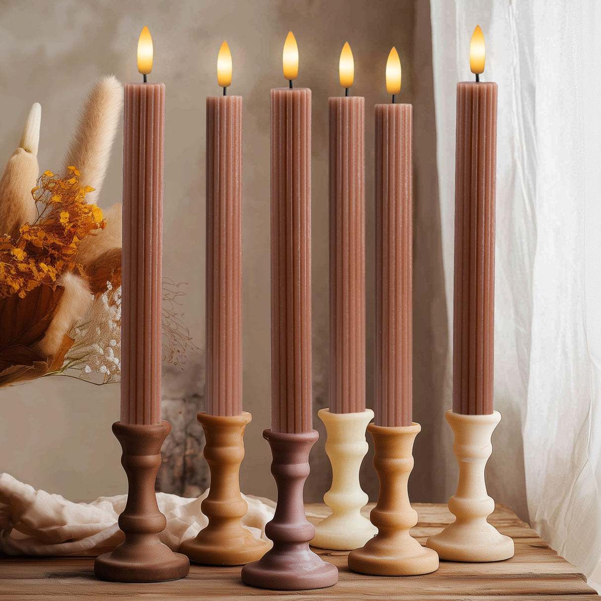 West Ivory 6 Pack, 10" LED Flameless Brown Tan Fluted Ribbed Grooved Taper Candles, Remote & 24h Timer Memory, On/Off Button, Dimmable, Flicker Mode, Battery Operated, Christmas Menorah Wedding