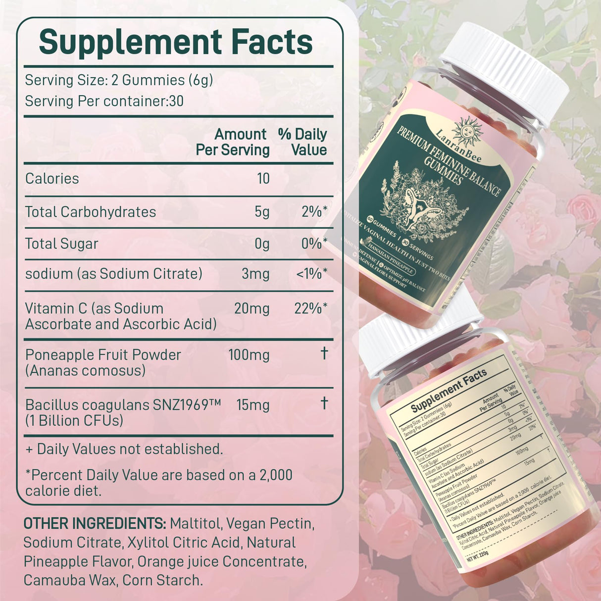 LanranBee Premium Feminine Balance Gummies - for Women’s Health & Wellness - Immune Support - Vegan, Gluten-Free & Halal - Hawaiian Pineapple - 60 Gummies - 30 Servings (2)