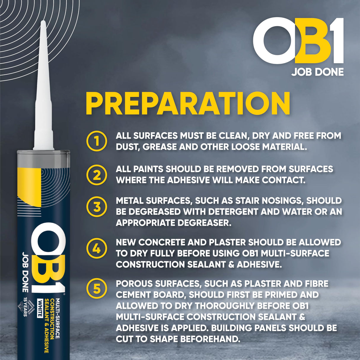 OB1 White Multi-Surface Construction Sealant & Adhesive - Hybrid Technology - Excellent Chemical Resistance - Water Resistant - Weather Resistant - Food Safe - 290ml