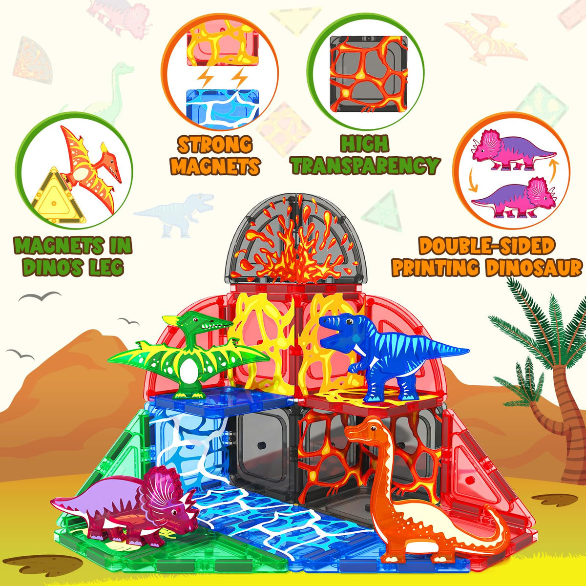 Magnetic Tiles Lava Dinosaur Toys Magnetic Blocks Building Set for Kids 3+