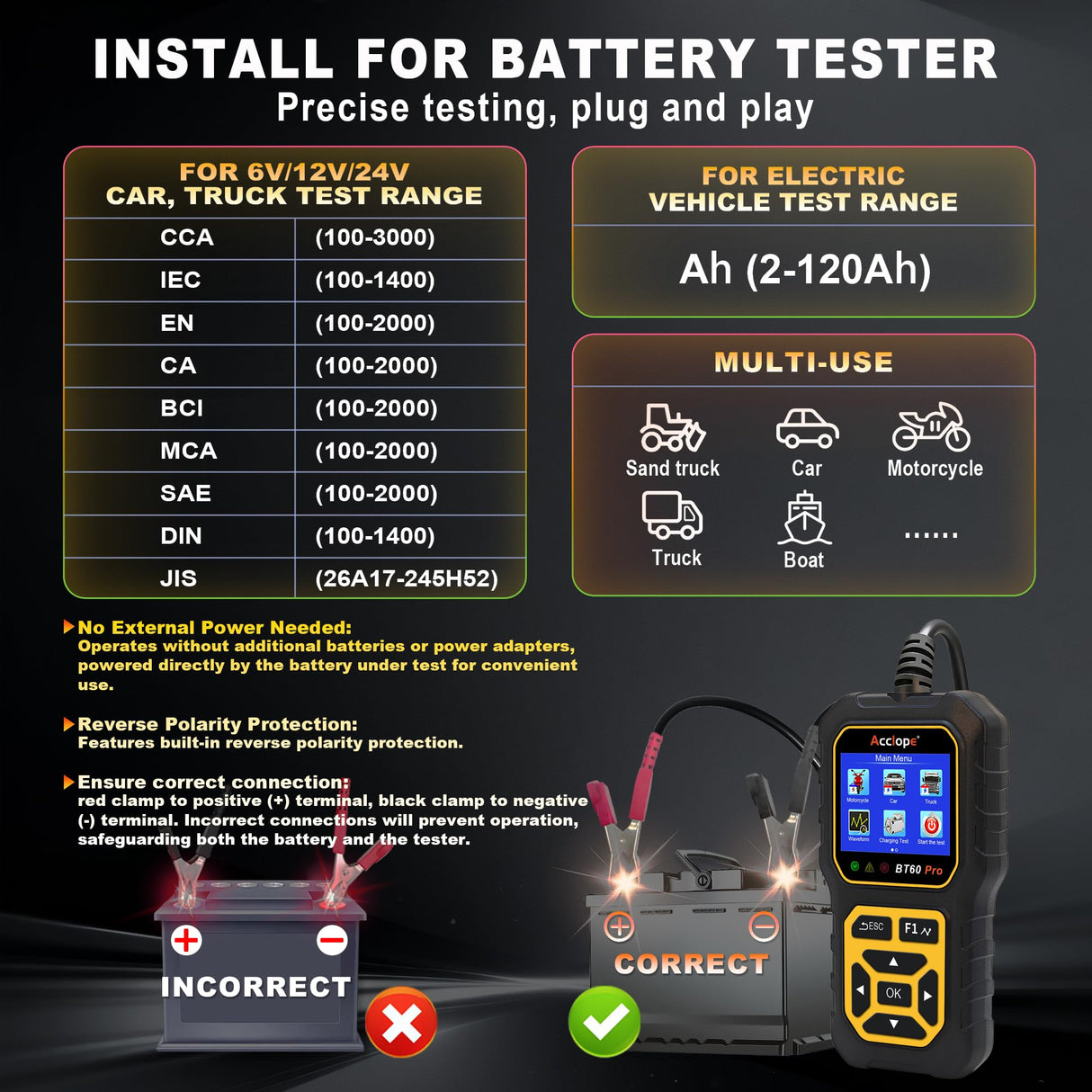 Acclope BT60 Pro Car Battery Tester, Digital Analyzer with Cloud Printing, 100-3000 CCA Range for 6V/12V/24V AGM, Lithium, Gel Batteries, Automotive Charging System