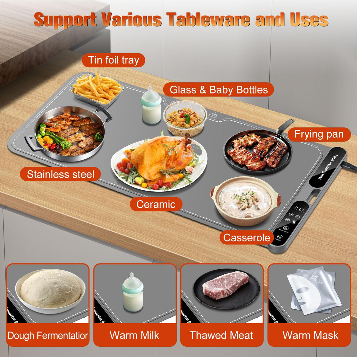 Warming Mat for Food Extra Large, Electric Warming Tray, 15"x31.5" Silicone Heating Mat with 7 Level Adjustable Temp and 8 Hours Timer, Food Warmer for Parties Buffet Home Travel, Dark Gray