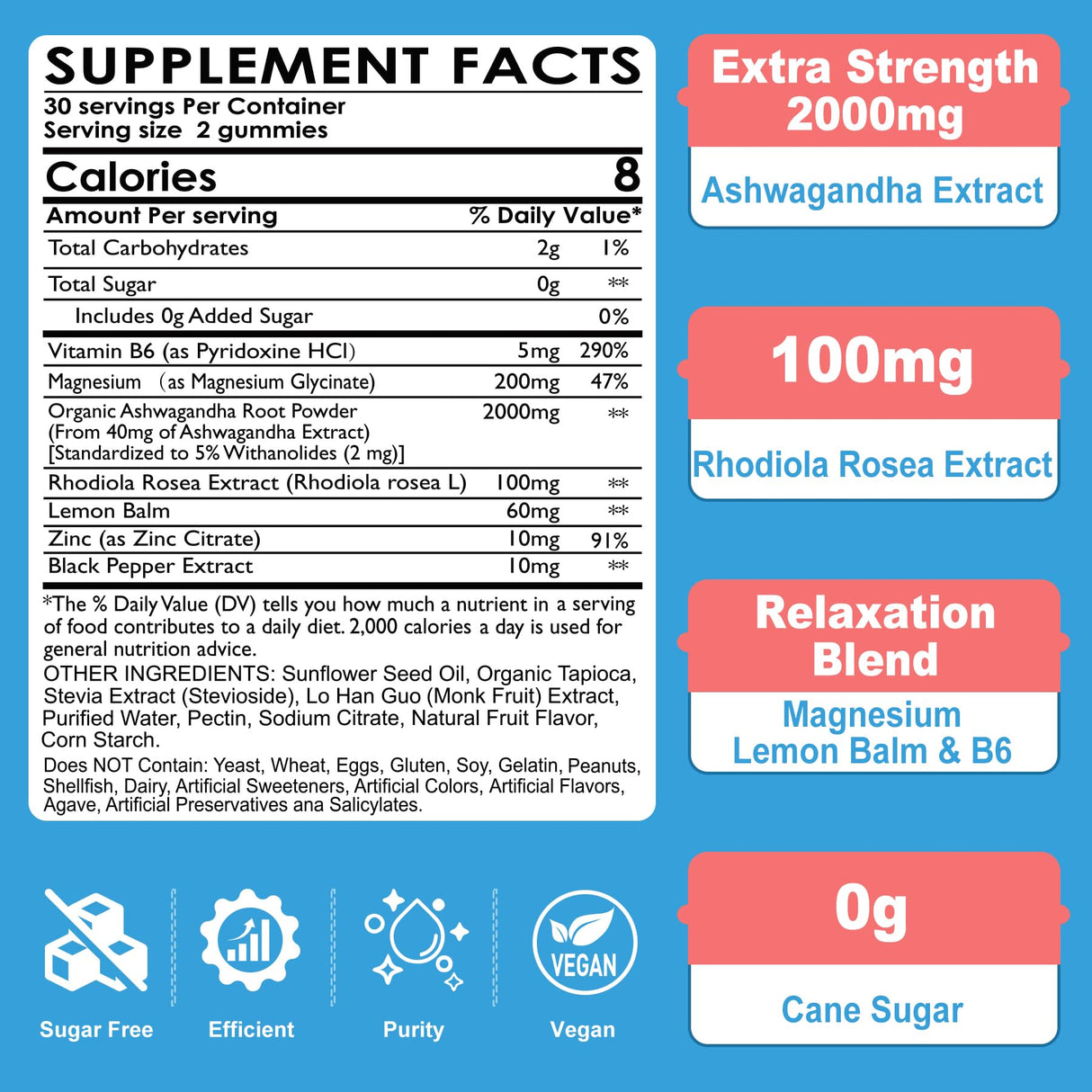 Ashwagandha Gummies, Magnesium Glycinate Gummies 200mg for Adults, Vitamin B6, Zinc, Rhodiola Rosea, Lemon Balm, Relaxation Support, Natural Zzz, Brain, Muscle, Stamina, Energy, Sugar Free