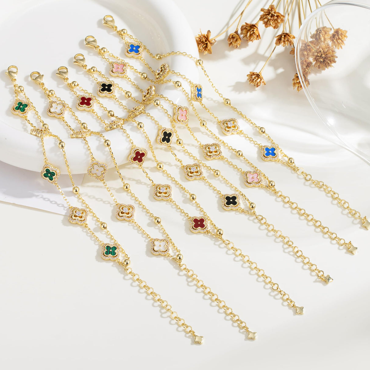 Turandoss 14K Gold Plated White Clover Bracelets for Women Jewelry Gifts