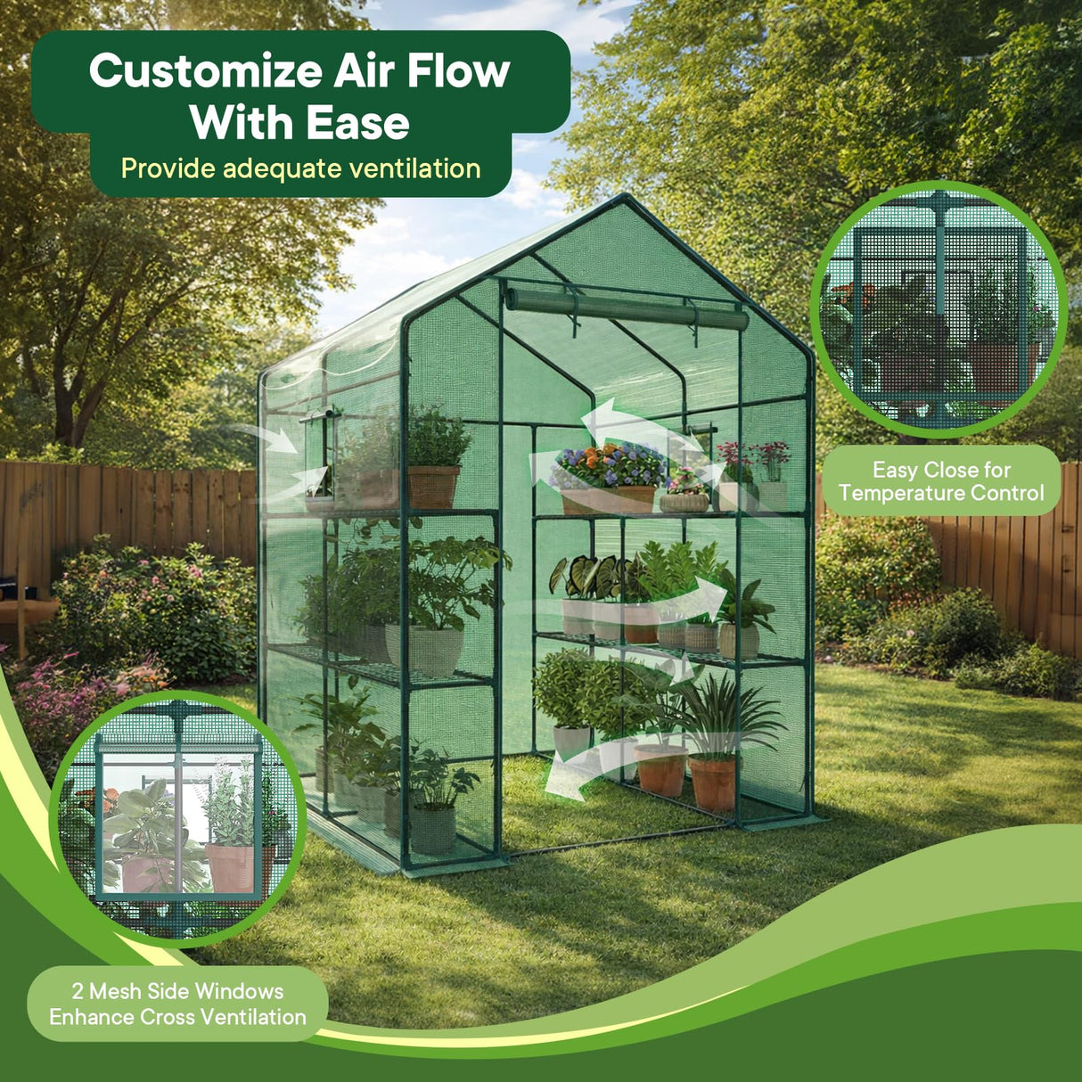 OLIXIS Outdoor Greenhouse, Walk-in Greenhouse with 2 Tier 8 Plant Shelves, Durable PVC Cover, 56"x56"x77" Portable Greenhouses for Outdoor Garden, Patio, Porch, Backyard Green Houses, Green