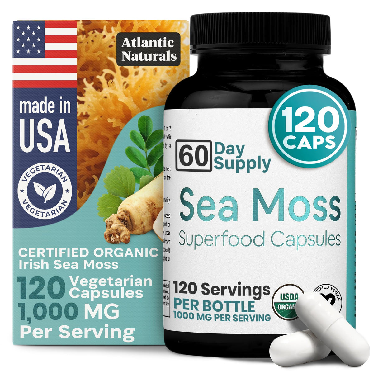 Atlantic Naturals Sea Moss Capsules with Moringa, Ashwagandha, Black Seed Oil, Ginger & Ginseng – Atlantic Sea Moss Supplements for Men and Women – for Daily Energy & Wellness Blend – 120 Count