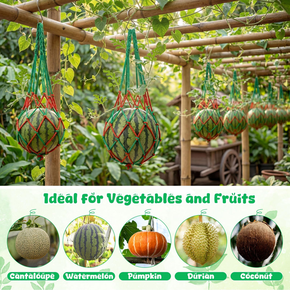 Irenare 15 Pack Melon Hammocks Cradles with S Hanging Hooks Heavy Duty Watermelon Hammock Net to Prevent Falling for Growing Cantaloupe Pumpkin Watermelon in Vertical Garden (Red,Green)