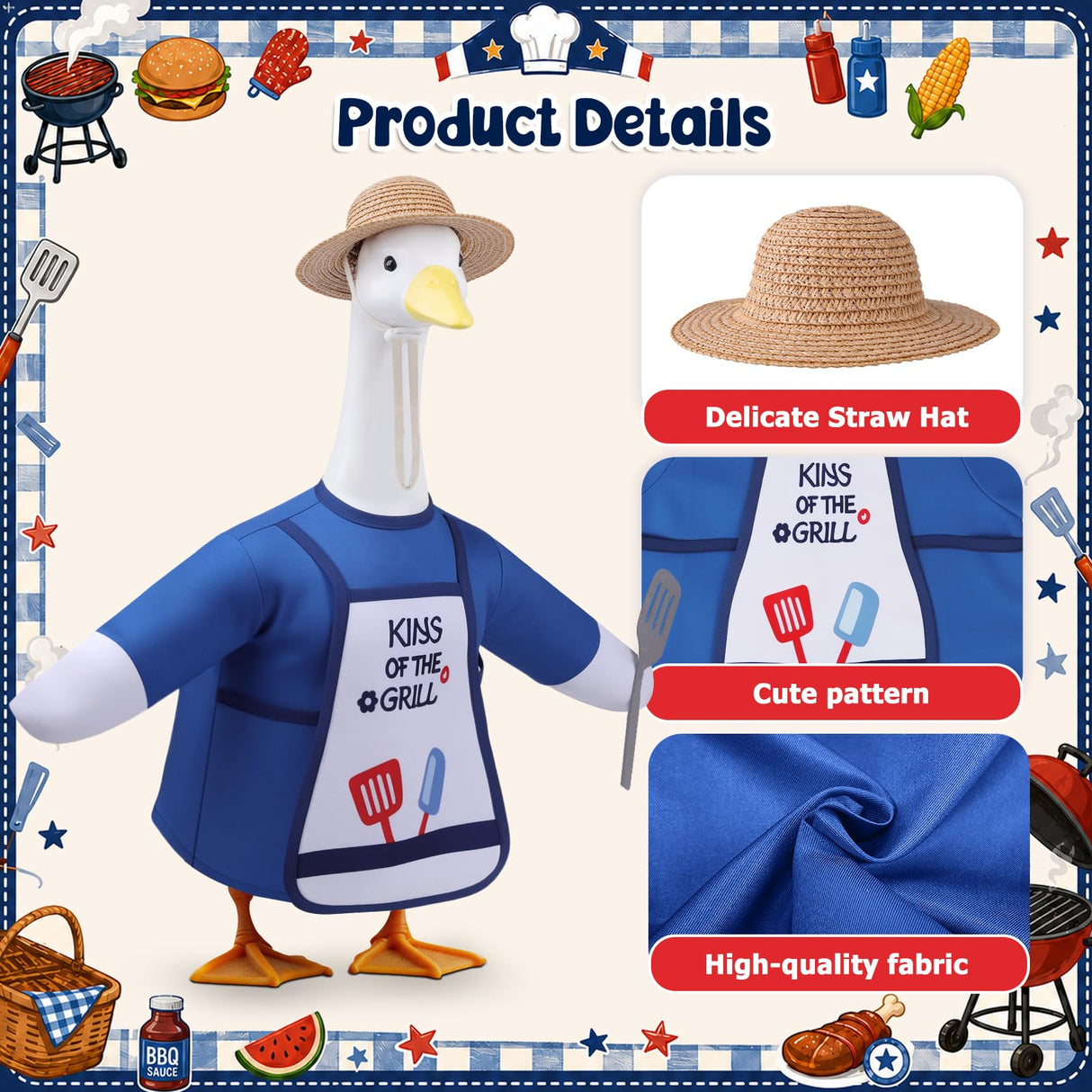 Pextian BBQ Porch Goose Outfits, 23 Inch Porch Goose Summer Outfit, Funny Duck Clothes with Straw Hat, Apron & Spatula -Goose Clothes for Cement Goose Outdoor Garden Yard Decor