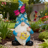 Foreby Garden Gnome Statues Outdoor Decor Solar Gnomes with Butterfly on LED Lighted Flowers, Resin Blue Gnomes Sculpture for Patio Yard Lawn Onament Decoration