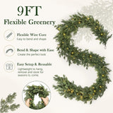 Pre-Lit Christmas Garland 9FT Decorations Real Touch Cedar Cypress Pine Greenery Artificial Green Christmas Garland with Lights for Mantle, Fireplace, Table, Stairs, Door, Indoor Outdoor Decorations