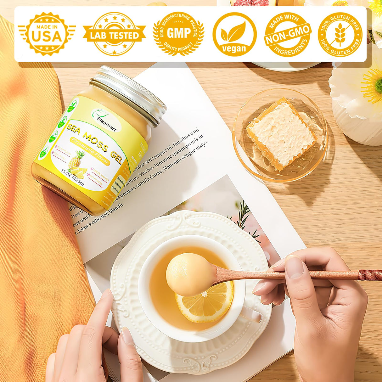 15OZ Sea Moss Gel Irish Wildcrafted Seamoss Gel, Vegan Superfood Vitamins Mineral Support, Pineapple Flavor