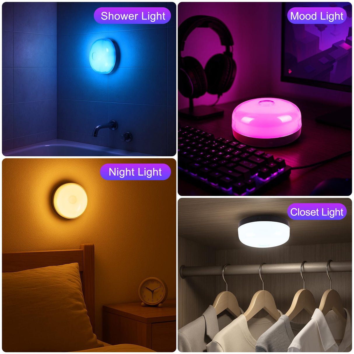 4-Pack Rechargeable Shower Lights for Inside Shower, 15 RGBW Color Changeable Waterproof Lights for Shower with Remote(Dimmable＆Timer), Wireless LED Mood Lighting for Bathroom, Closet, Bedroom, Party