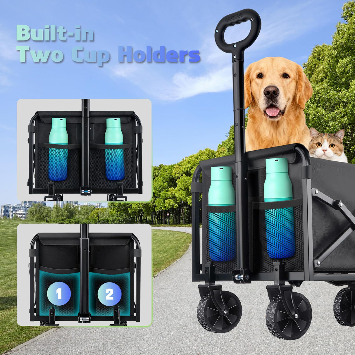 280LBS Small Collapsible Folding Wagon Cart Lightweight with 2 Cup Holders