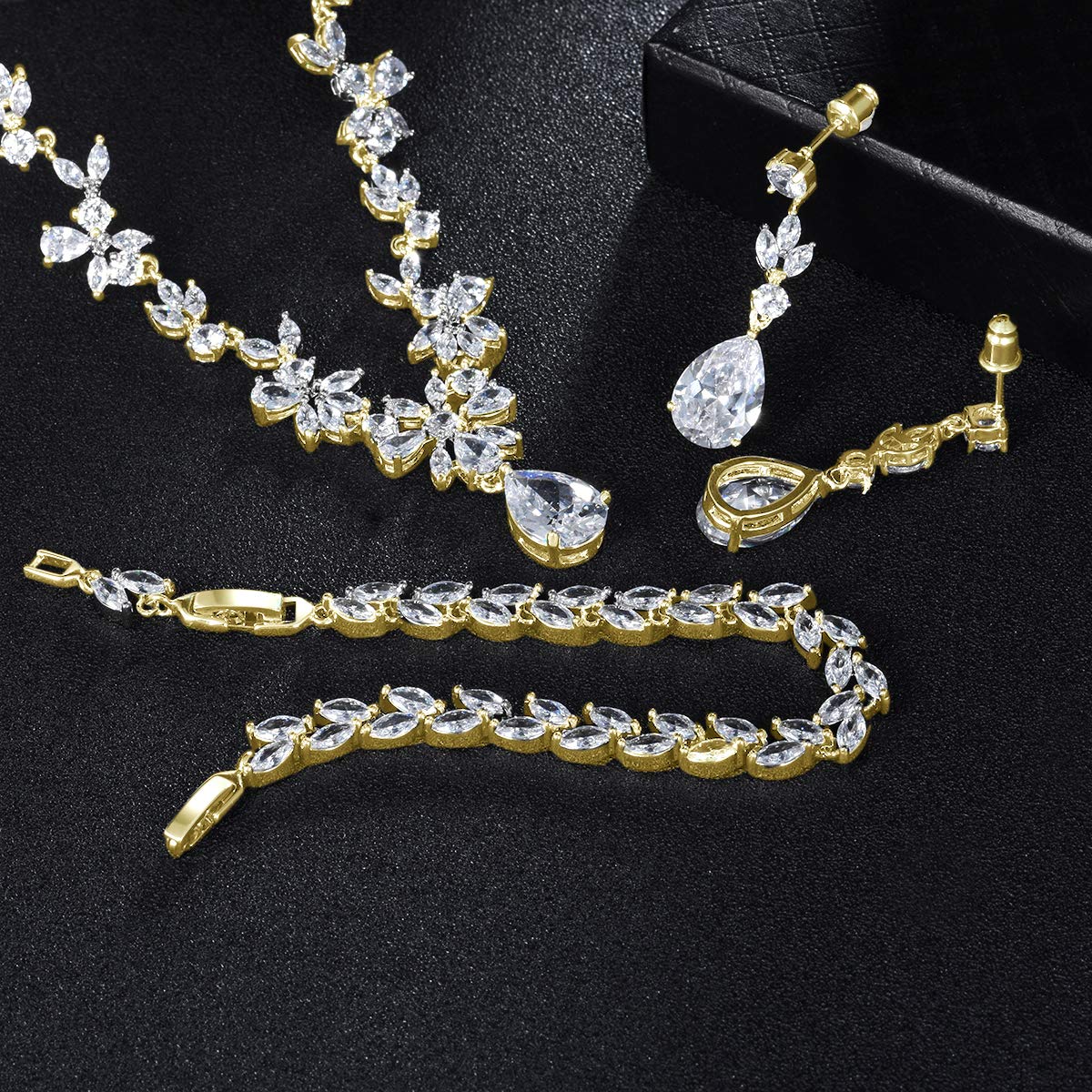 Hadskiss Jewelry Set for Women, Necklace Dangle Earrings Bracelet Set with White Cubic Zirconia, 18K Gold Plated Wedding Party Jewelry for Bridal Bridesmaid