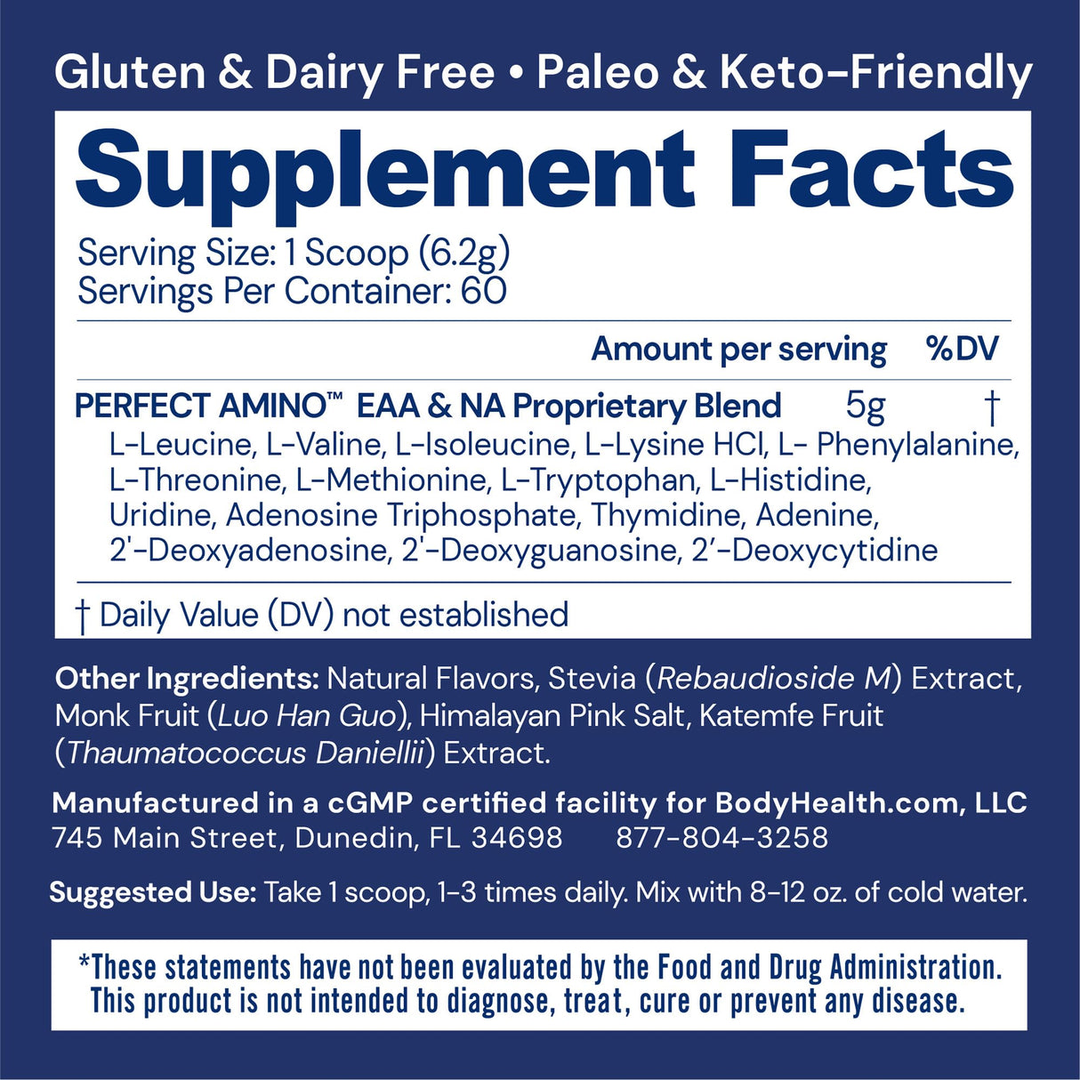 BodyHealth PerfectAmino Powder - BCAA and EAA Powder for Pre and Post Workout - Amino Acid Energy Drink for Men and Women to Support Lean Muscle and Recovery - Vanilla - 60 Servings