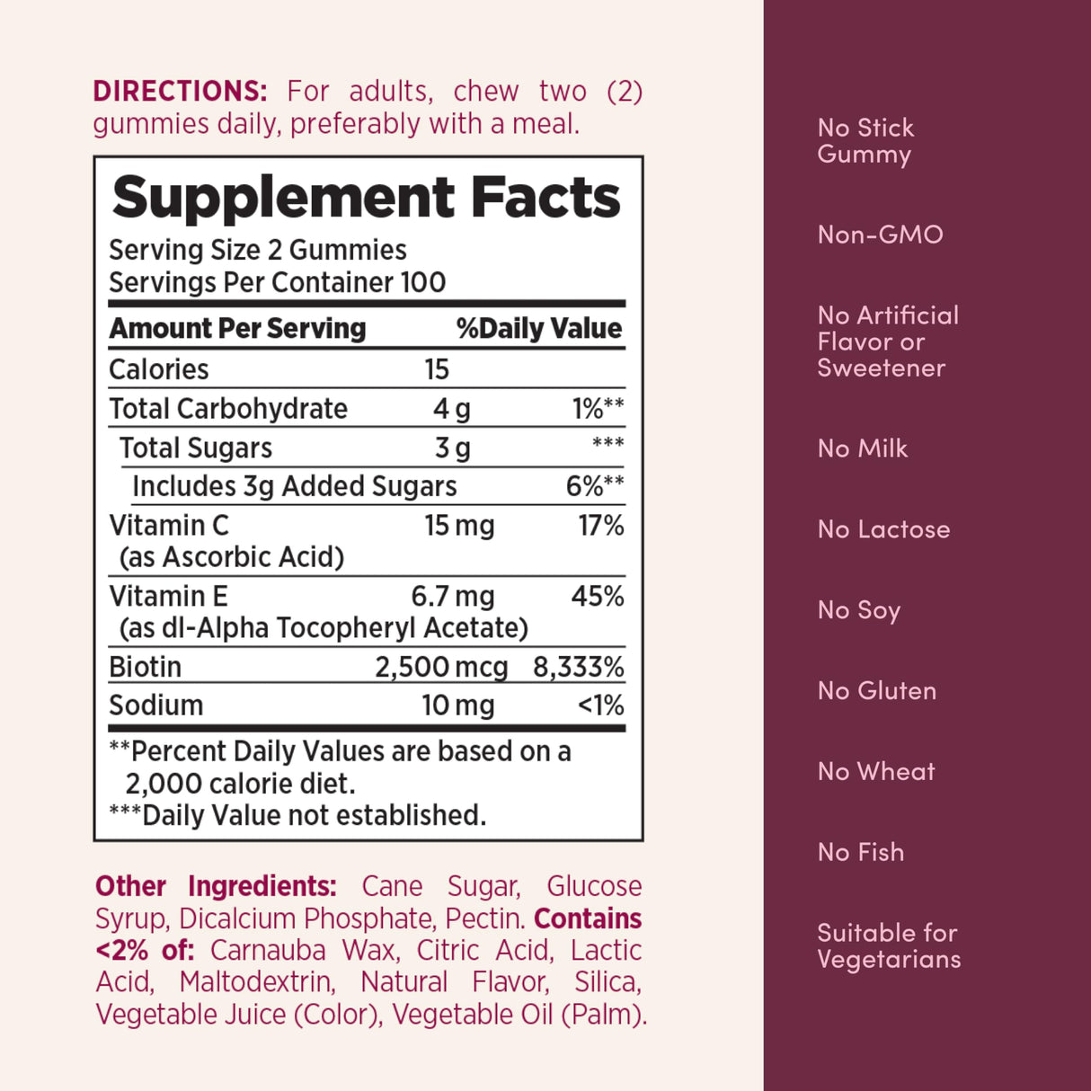 Nature's Bounty Optimal Solutions Hair, Skin and Nails Pectin Gummies, 2500 mcg Biotin Per Serving, No Stick Gummy, Vegetarian Formula, Strawberry Flavor, 200 count, 100 Total Servings