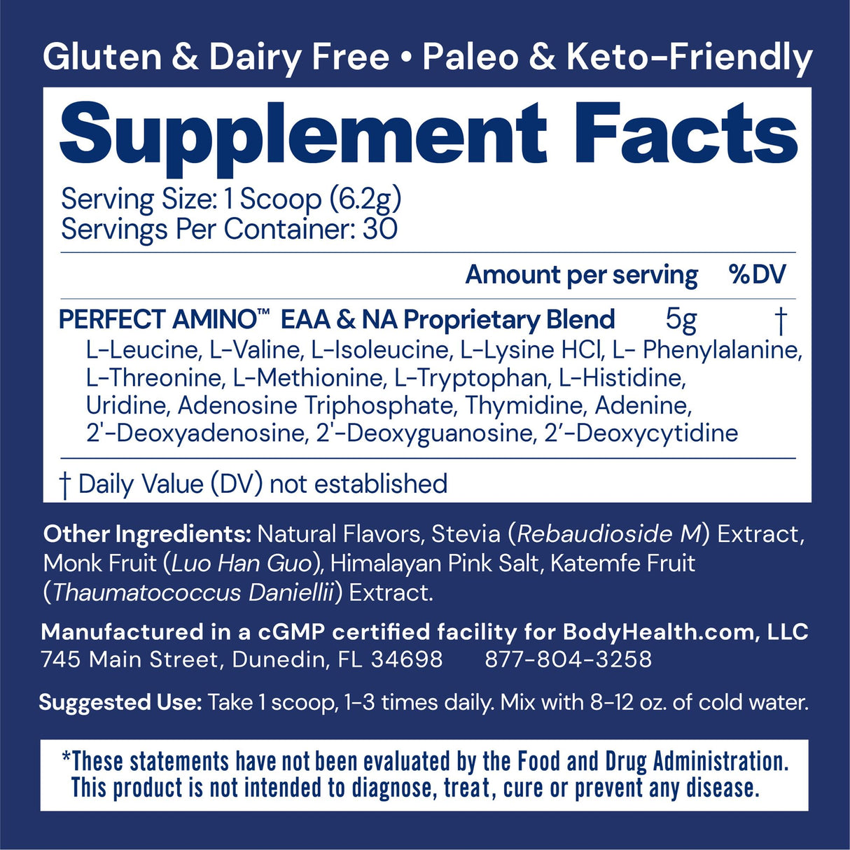 BodyHealth PerfectAmino Powder - BCAA and EAA Powder for Pre and Post Workout - Amino Acid Energy Drink for Men and Women to Support Lean Muscle and Recovery - Vanilla - 30 Servings