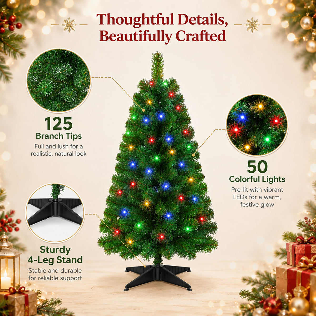 XXYYZZ 3FT Pre-lit Artificial Christmas Tree with 50 LED Lights （11 Modes）