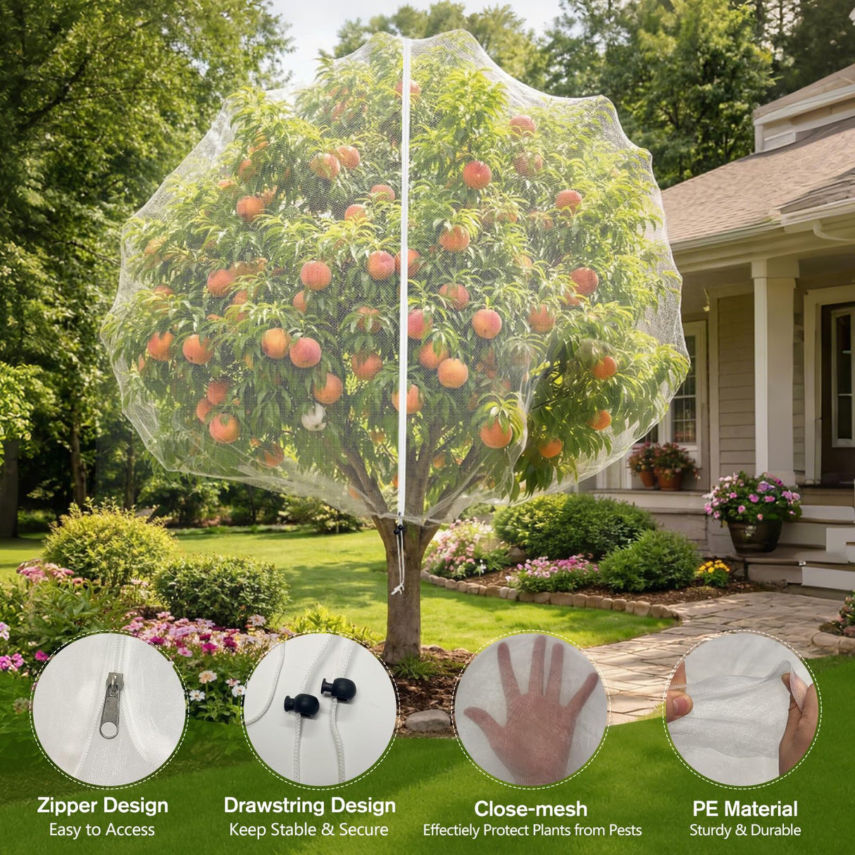 KEOHOLI 15FTx15FT Extra Large Fruit Tree Netting Reusable Durable Mesh Cover with Zipper and Drawstring for Fruit Tree Protection Cover from Birds Cicadas Squirrels and Insects