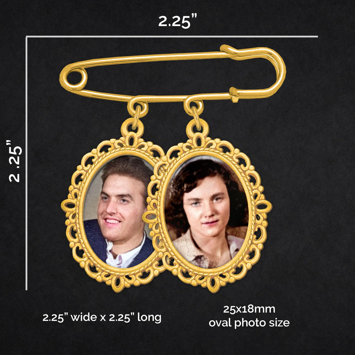 Gold Wedding Bouquet Photo Charm Pin Holds 2 Pictures Double Photo Charm Boutonniere Pin with Resizer