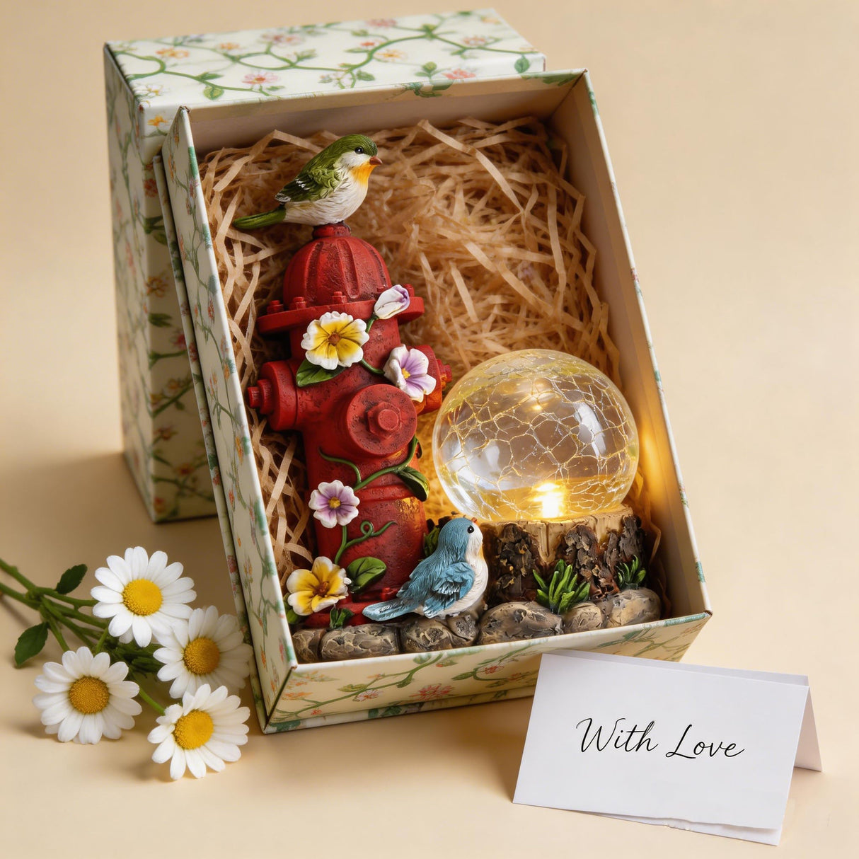 TERESA'S COLLECTIONS Garden Decor, Cute Birds and Hydrant Garden Statue with Solar Light Glass Ball, Waterproof Resin Outdoor Statue, Cute Bird Decor, Garden Gift for Women Mom, Indoor/Outdoor