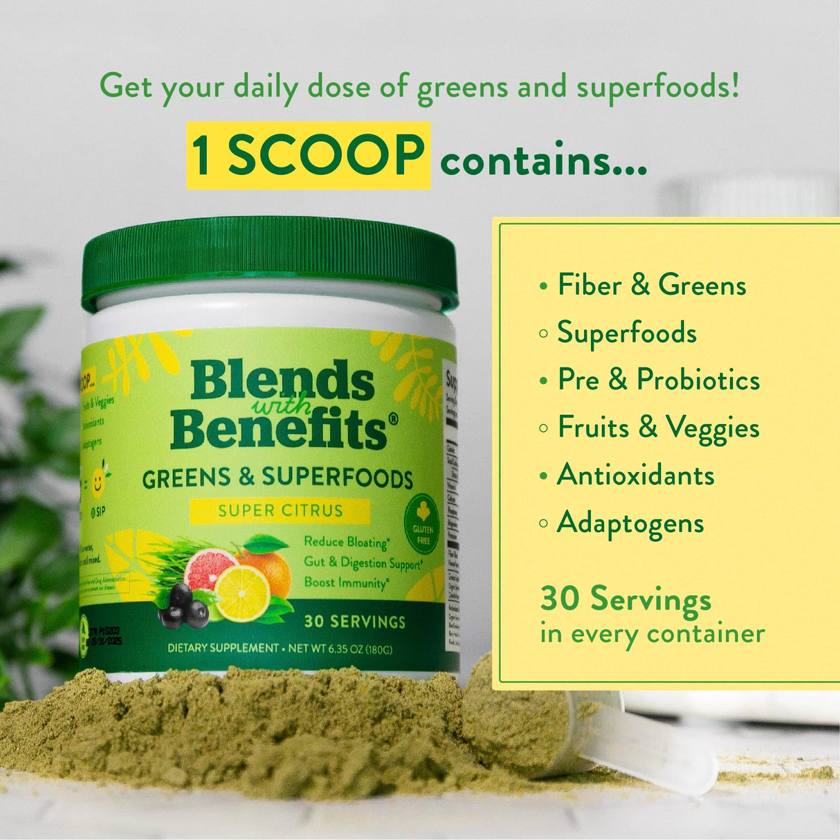 360 Nutrition Blends with Benefits Super Greens Powder w/Probiotics, Digestive Enzymes, Sugar & Gluten Free, Plant Based Superfood Drink Mix for Gut Health, Bloating, Immunity, Overall Health, 6.35 oz