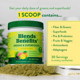360 Nutrition Blends with Benefits Super Greens Powder w/Probiotics, Digestive Enzymes, Sugar & Gluten Free, Plant Based Superfood Drink Mix for Gut Health, Bloating, Immunity, Overall Health, 6.35 oz