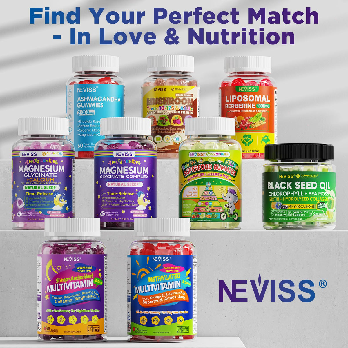 NEVISS Magnesium Glycinate Gummies for Adults & Kids 4+, Sugar Free Magnesium Bisglycinate Supplement 400/200mg with B6D3, L-Theanine for Zzz & Relaxation, Brain, Melatonin Free Gummies, 2Pack