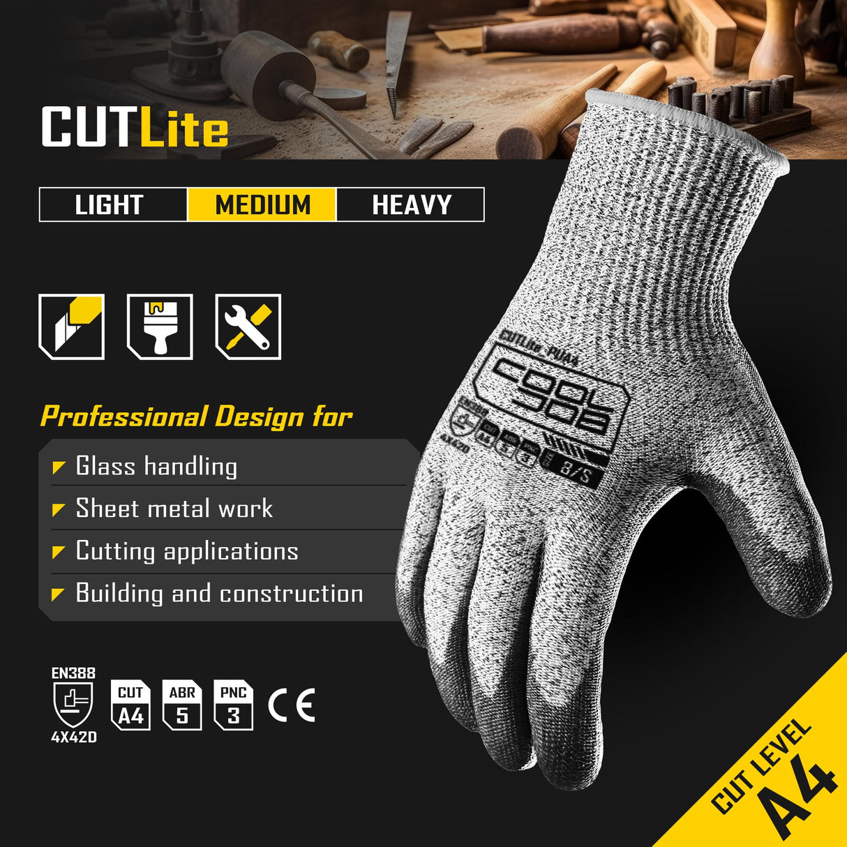 COOLJOB 12 Pairs A4 PU Cut Resistant Safety Work Gloves with Grip, L