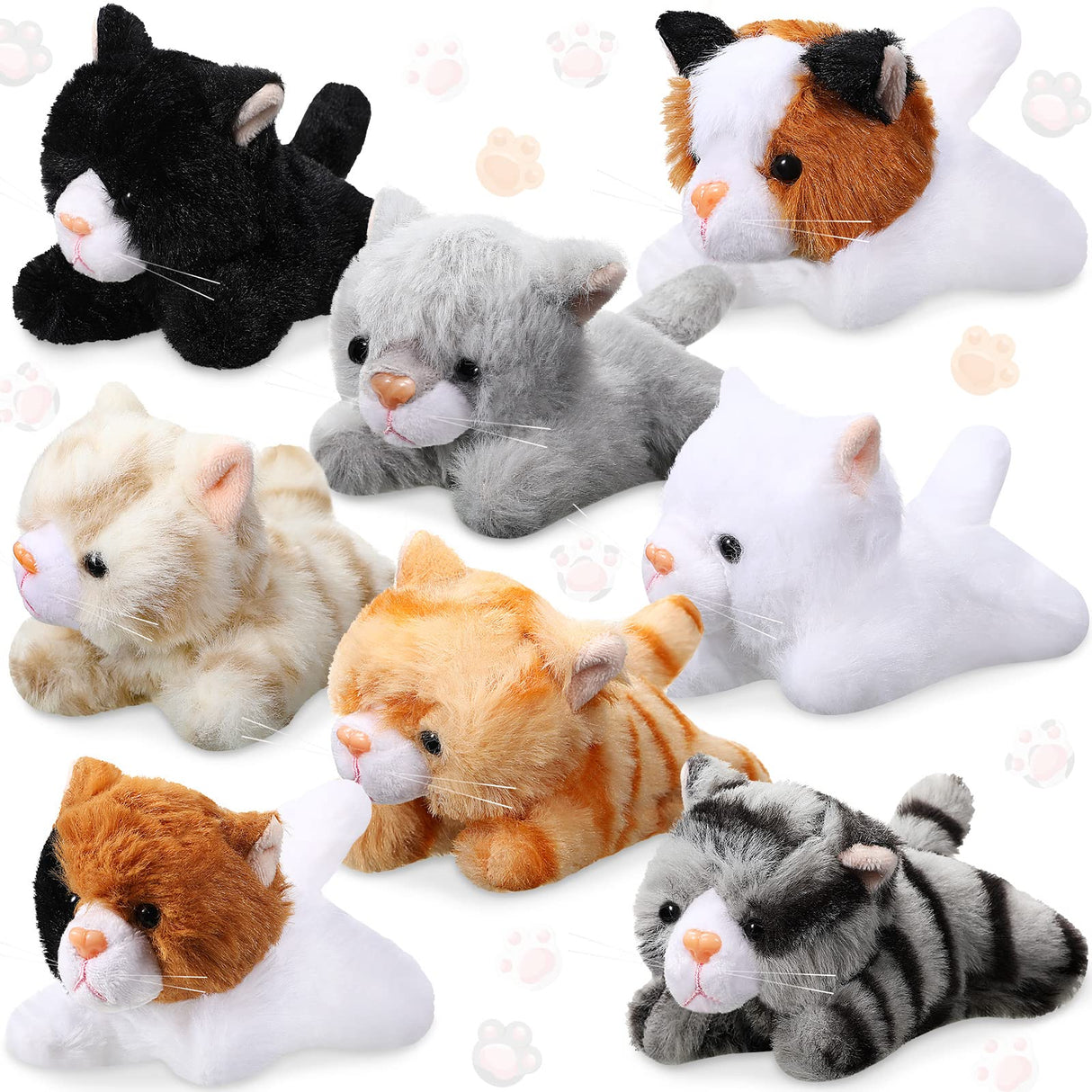 Sumind 8 Pcs Cat Stuffed Animals Bulk Plush Pets 5 Inch Cute Assorted Plush Cats Horse for Birthday Halloween Christmas Party Favors Favors(Lying Cat)
