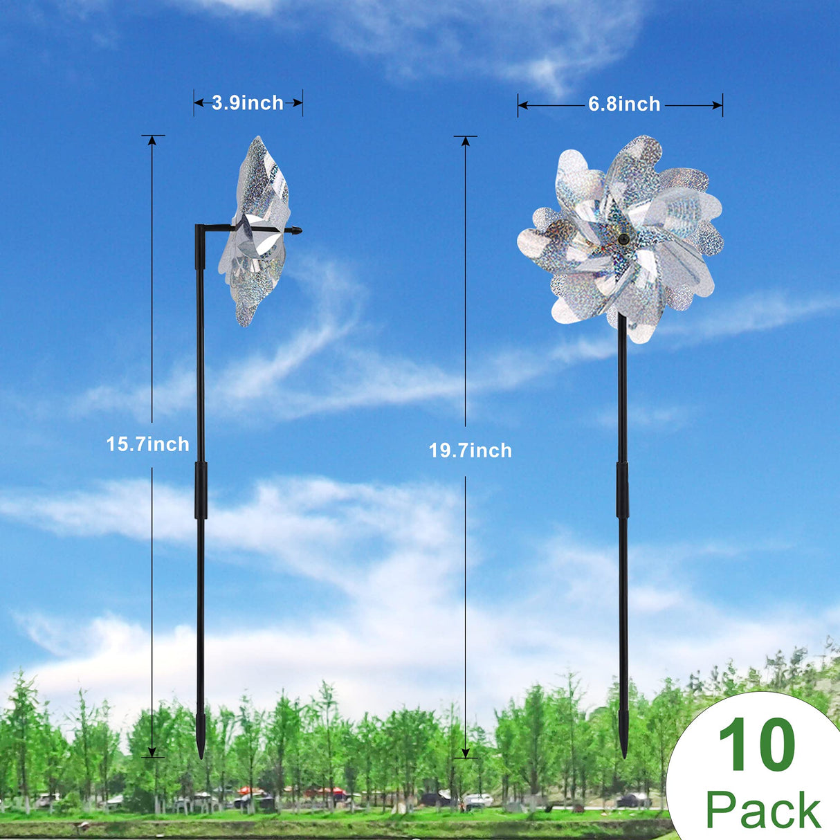 FameFame 10 Pack Reflective Pinwheels with Plastic Stakes| 19.7 inch Pre-Assembled Sparkle Pin Wheel Set | Scare Off Birds and Animals Away | Decorative for Garden, Yard, Lawn