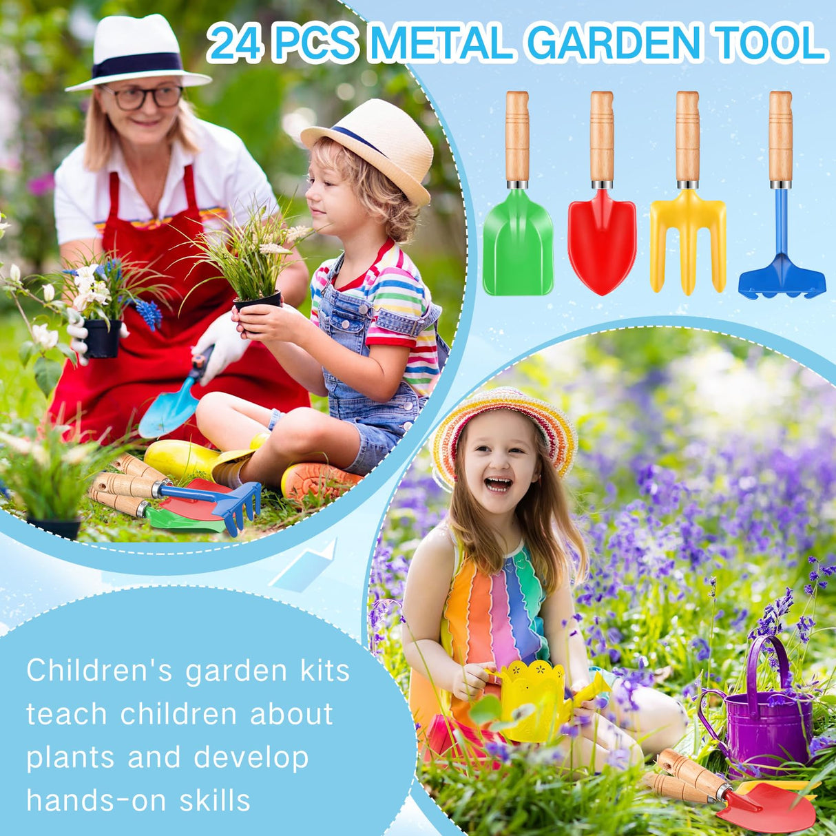 Motionchic 24 Pcs 8" Kids Gardening Tools, Metal Beach Sandbox Digging Toys with Wooden Handle, Including Shovel, Rake, Fork and Trowel, Garden Sand Snow Tools for Children Gift Outdoor Gardening